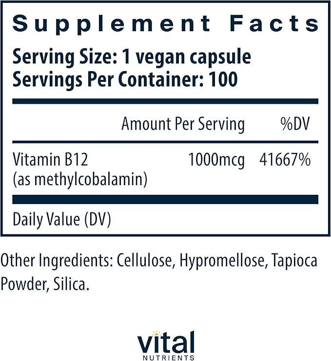 Vital Nutrients Vitamin B12 1000mcg - Vegan - Methylcobalamin for Metabolism Cognitive &amp Nervous System Health* - High-Potency B12 Supplement - Gluten Dairy Soy Free - 100 Capsules