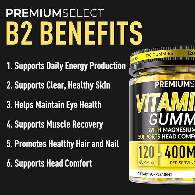 Vitamin B2 Gummies Riboflavin 400mg – 120 Gummies with Magnesium CoQ10 &amp Vitamin B2 for Adults – Sugar Free B2 Vitamin 400mg for Energy Head Comfort &amp Nervous System Support