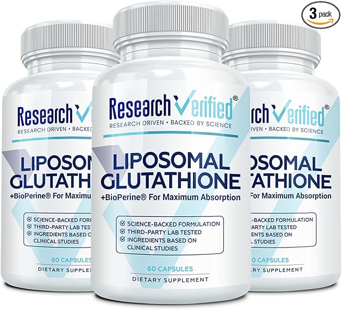 Research Verified® Glutathione - Liposomal Glutathione 500mg with Phospholipid Complex Vitamin C Bioperine® - Vegan - 60 Capsules Per Bottle (3 Bottles)
