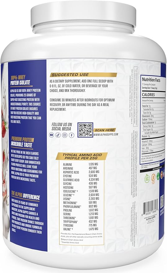Alpha Supps ISO Low Carb 100% Whey Protein Isolate Powder 25 Grams Per Serving Helps Support Muscle Growth Low Sugar and Gluten Free (Strawberry Shortcake 5 lb)