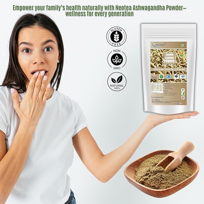 neotea Organic Ashwagandha Root Powder | 100% Pure Withania Somnifera Root | Herbal Supplement | Non-GMO Vegan Gluten-Free | Natural Energy &amp Vitality Support | No Additives (500 GM(17.63OZ))