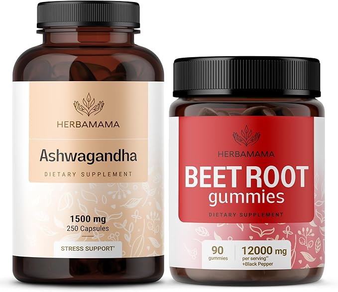 HERBAMAMA Ashwagandha and Beet Root Kit - Bundle of 1500 mg Ashwagandha Root Capsules &amp 1500 mg Beet Root Gummies - Vegan Non-GMO Gelatin-Free - 2 Pack