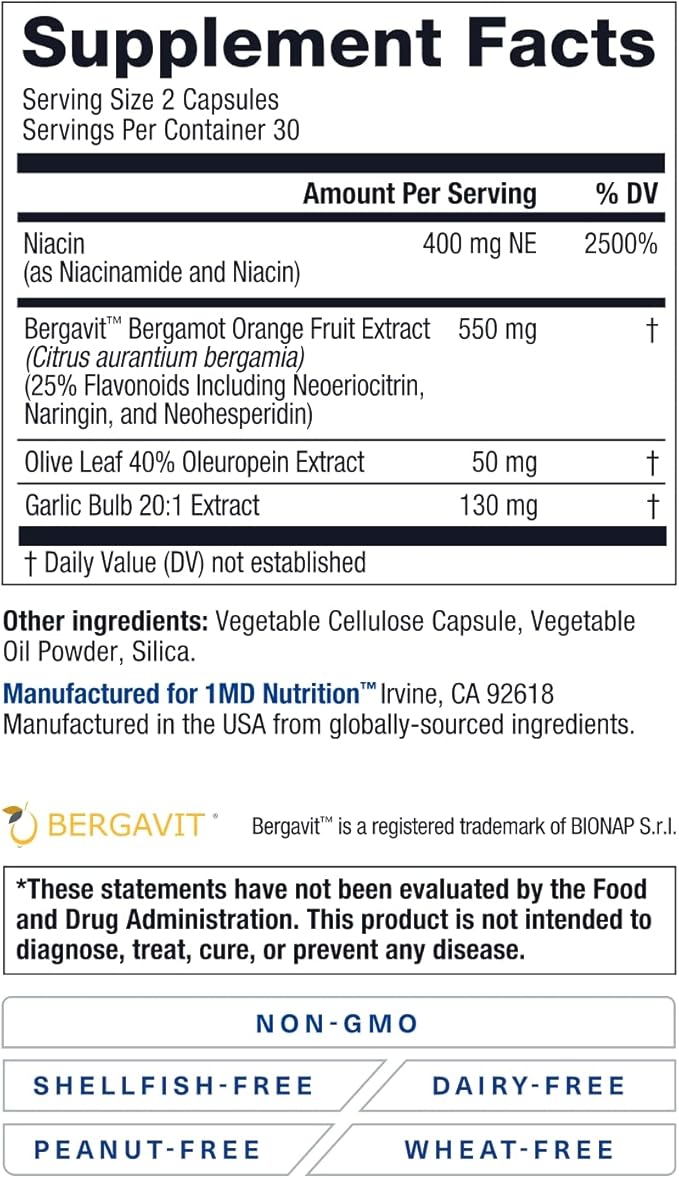 1MD Nutrition CholestMD with Olive Leaf Extract Bergavit Niacin Garlic | 120 Capsules (2-Pack)