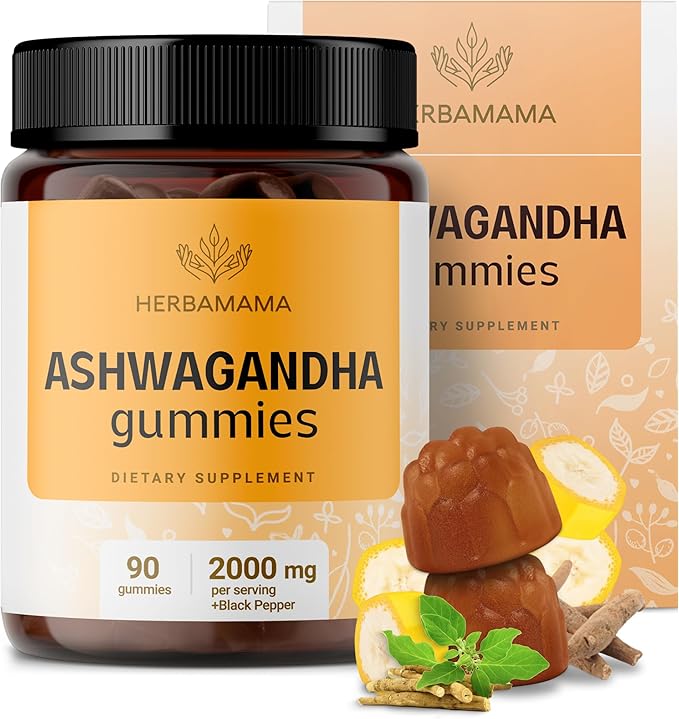 HERBAMAMA Ashwagandha Gummies - 2000mg Pure Ashwagandha Root with Black Pepper for Calm &amp Mood Support - Vegan Non-GMO Calming Supplements for Adults - 90 Pectin-Based Banana-Flavored Chews