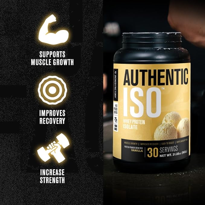 Jacked Factory Authentic ISO Whey Protein Isolate Powder - Low Carb Non-GMO Muscle Building Protein w/No Fillers Post Workout Recovery - 30 Servings Vanilla