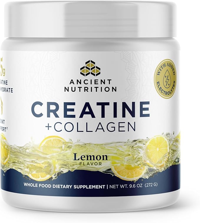Ancient Nutrition Creatine + Collagen – Muscle Strength Lean Body Mass Joint Comfort &amp Cognitive Support – Includes 5g Creatine Monohydrate for Women + Electrolytes Lemon 30 Servings