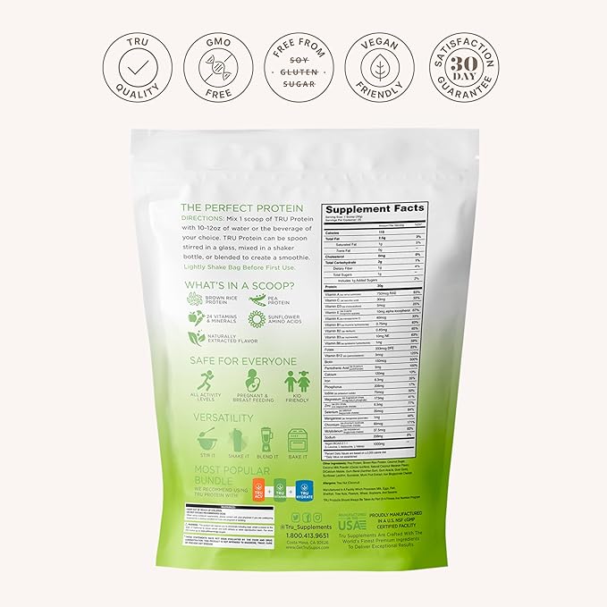 TRU Supplements Plant Based Protein Powder BCAA EAA 20g Vegan Brown Rice &amp Pea Protein 100 Calories 27 Vitamins No Artificial Flavors 25 Servings (Coconut Macaron)