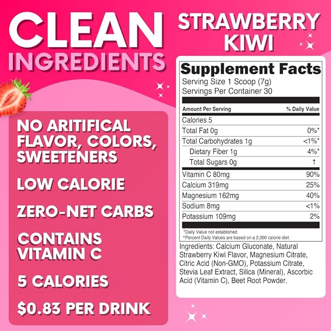 Calcium Magnesium Powder Supplement - Magnesium Calcium Carbonate Powder for Strong Bones - Natural Magnesium Powder for Sleep Quality - Magnesium Citrate Powder (Strawberry Kiwi30 Servings)