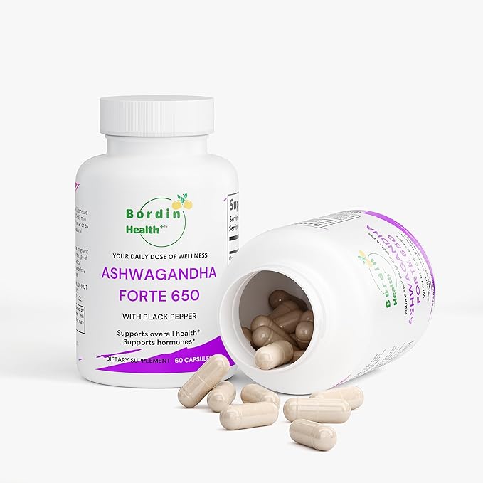 Bordin Health+ Ashwagandha Forte 650 with Black Pepper Organic Dietary Supplement for Stress &amp Mood 60 Vegan Capsules Supports Overall Health and Hormones