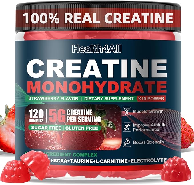 Health4All Creatine Monohydrate Gummies 5g for Men &amp Women Creatine Gummy for Strength Energy &amp Muscle Growth Support Pre-Workout Supplement - Strawberry 120 Gummy