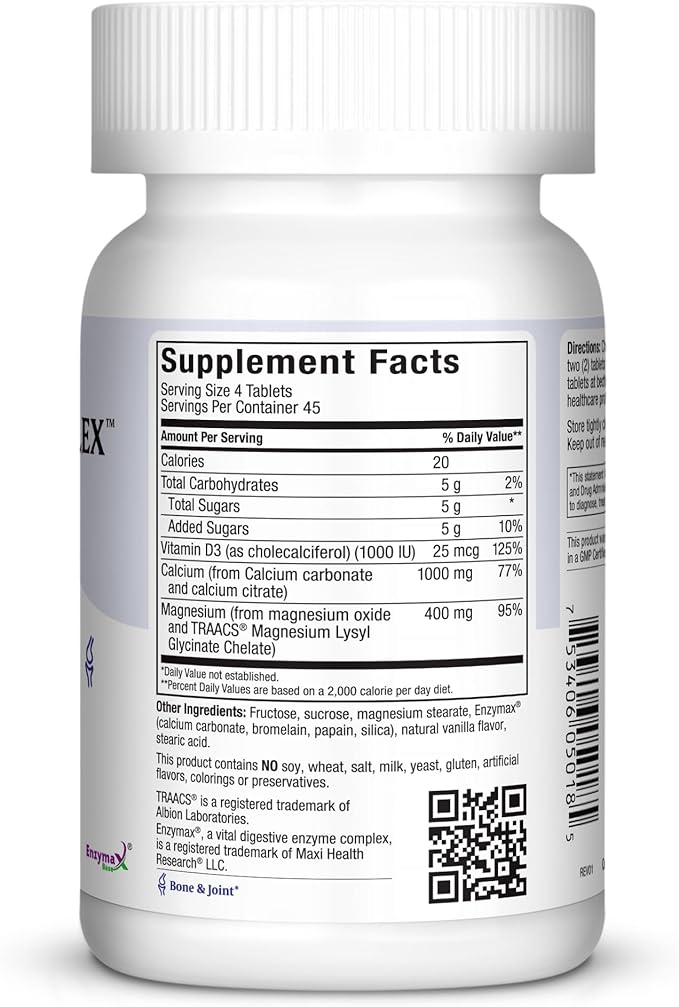 Maxi Health Chewable Calcium Complex – Vanilla Flavor Vitamin D3 and Magnesium Chewables to Help Support Bones – Kosher Magnesium and Calcium Supplement for Women and Men (180 Count)