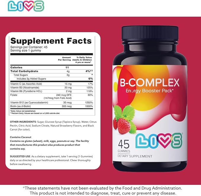 LIVS Vitamin B Complex Gummies with B12 Biotin B3 B6 &amp Vitamin C for Kids &amp Adults | Energy Support &amp Recovery Supplement | Promotes Mood Metabolism &amp Nerve Function | Strawberry