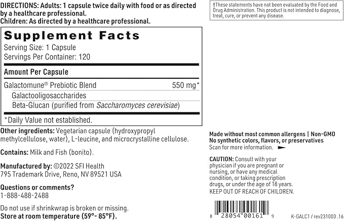 Klaire Labs SFI Health Galactomune - Prebiotic Blend with Beta-Glucan &amp Galactooligosaccharides for Immune Support Soy &amp Gluten-Free (120 Capsules)
