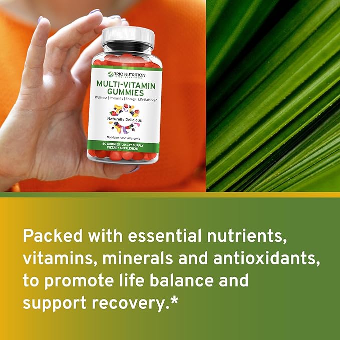 TRIO NUTRITION Daily Multivitamin Gummies for Men &amp Women - Natural Fruit Flavor with Essential Vitamins A B C D E &amp Zinc - No Major Allergens Immune Support &amp Energy Boost Supplement