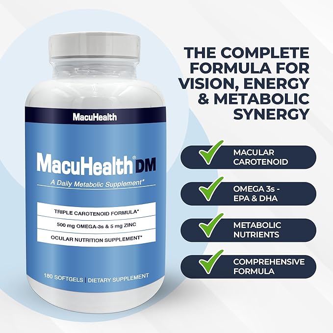 Macuhealth Daily Metabolic Triple Carotenoids with EPA/DHA Omega-3 - Vital Minerals with Zinc – 180 Softgels for Long-Lasting Use