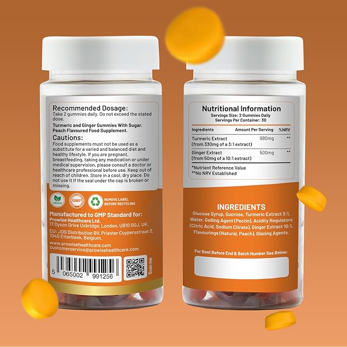 Turmeric and Ginger Gummies | 60 Vegan | Natural Peach Flavour | Mouth-Watering Gummies for Overall Health and Well-Being by Prowise