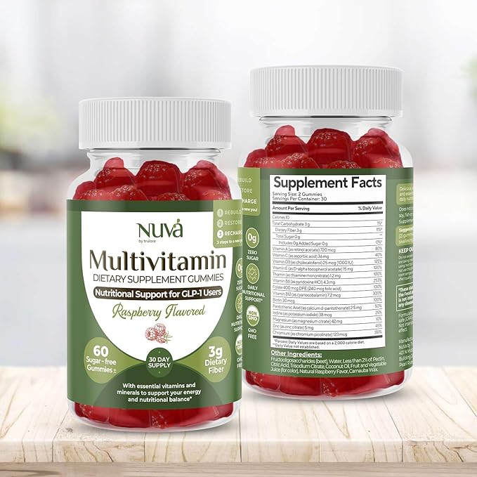 NuVa GLP-1 Support Multivitamin Gummies for Men &amp Women: Raspberry Sugar-Free 3g Fiber for Digestion &amp Gut Health Vitamins &amp Minerals for Metabolic Balance Gluten-Free 60 Gummies - 30