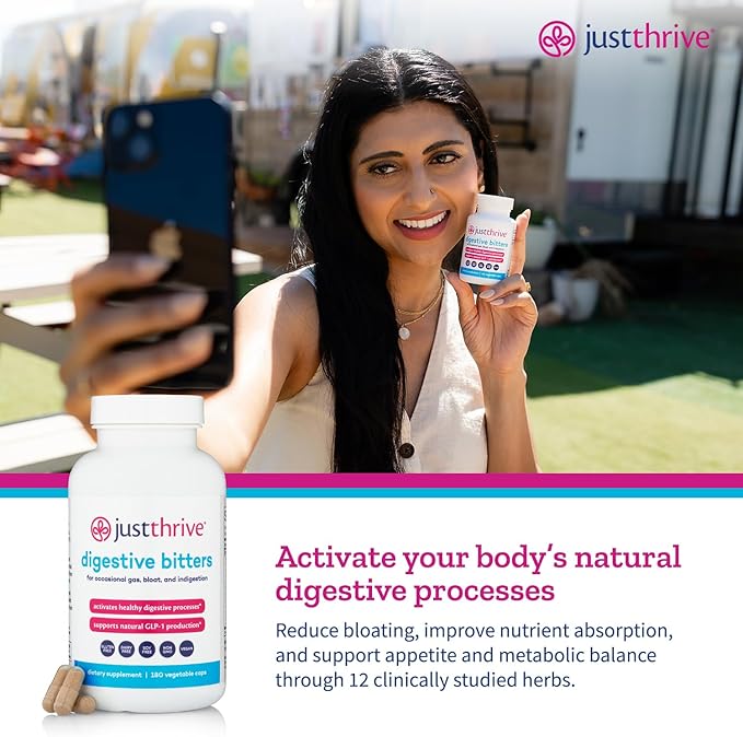 Just Thrive Digestive Bitters Supports Digestion GLP-1 Eases Bloating Gut Health Metabolism &amp Nutrient Absorption 12 Herbal Extracts 180 Caps