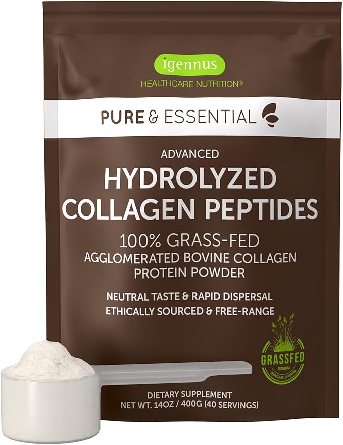Igennus Free Range Grass Fed Hydrolyzed Bovine Collagen Peptides Neutral Taste 100% Highest Grade Bovine Collagen Protein Powder Types 1 2 &amp 3 Clean Label Non-GMO Free Range 40 Servings