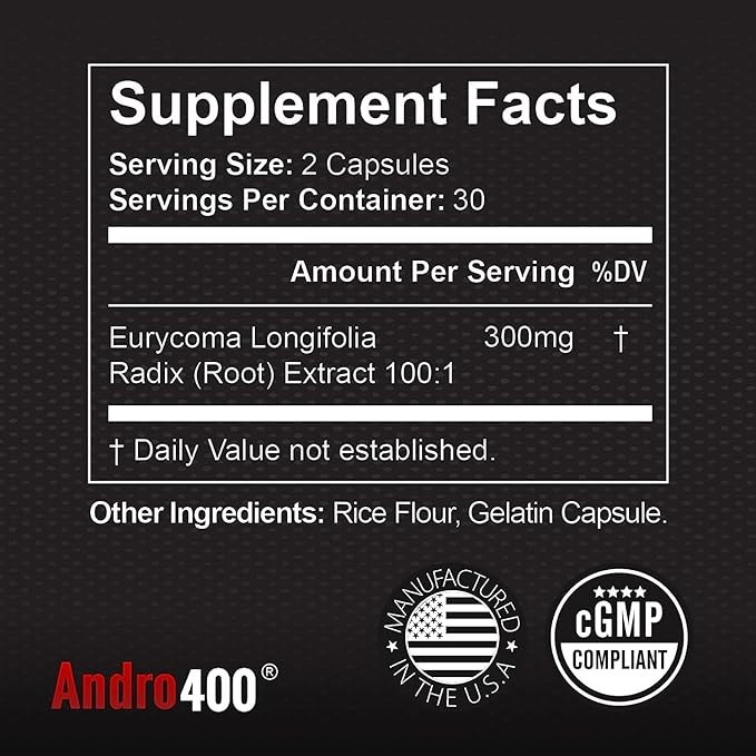 Andro400 Natural T Booster Supplements for Men – Traditional Tongkat Ali (Eurycoma Longifolia) 100:1 Extract – Herbal Formula for Energy Stamina &amp Metabolic Support – 1 Pack 60 Capsules