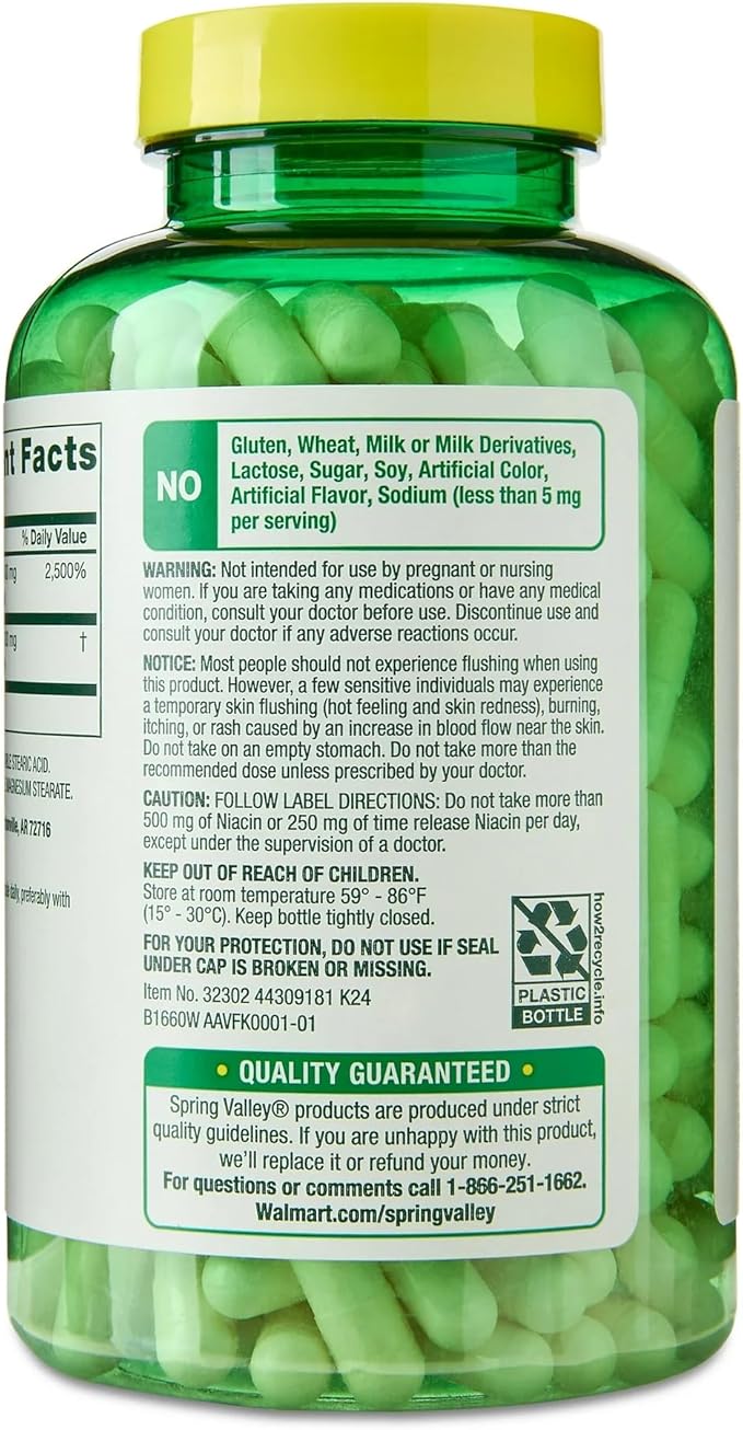 Spring Valley Vitamin B3 Niacin 500 mg Flush Free Capsules (Vitamin B3) Metabolism Support Gluten Free (240 Pills)