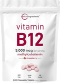 Micro Ingredients Vitamin B12 5000 mcg | Methylcobalamin – 240 Chewable Tablets | Fast Dissolve Natural Strawberry Flavor | Vegan Non-GMO Gluten Free
