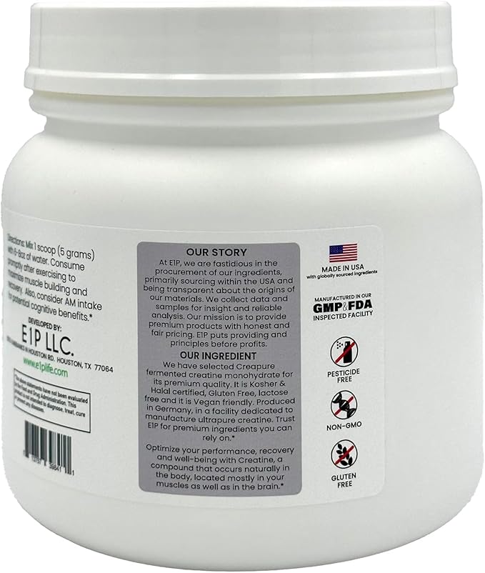Creapure Creatine Monohydrate 600grams (120 Servings) Unflavored Non-GMO Vegan Fermented Third-Party Lab Tested. Made with Halal and Kosher Certified Ingredients.