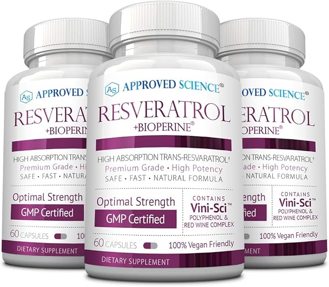 Approved Science® Resveratrol - 1000 mg of Trans Resveratrol - 250 mg of Polyphenol - 98% Purity Level - Includes Bioperine® - 180 Vegan Friendly Capsules per Bottle- 1 Bottle