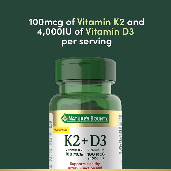 Nature’s Bounty Vitamin D3 K2 Supplement 4000 IU Vitamin D3 plus 100 mcg of Vitamin K Supplements for Adults for Heart &amp Bone Health Support 60 Day Supply 60 Vegetarian Capsules