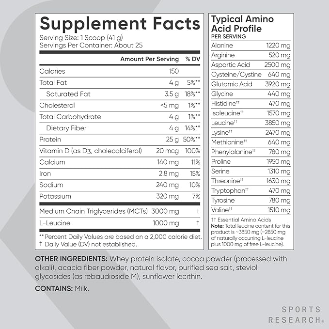 Sports Research® 100% Whey Protein Isolate Dark Chocolate - U.S. Sourced Protein Powder w/BCAAs - No Artificial Flavors or Gums- Informed Sport Tested · Gluten Free - 2lb Bulk Bag 25 Servings