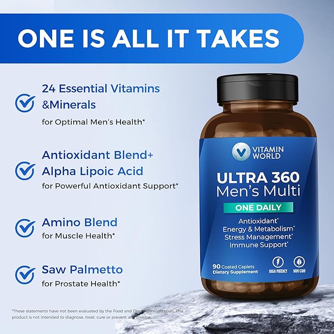 Vitamin World Ultra 360 Multivitamin for Men One Daily Men's Multivitamin with Minerals Herbs &amp Antioxidants Daily Supplement with Vitamin A C D E &amp Zinc for Energy &amp Immune Support