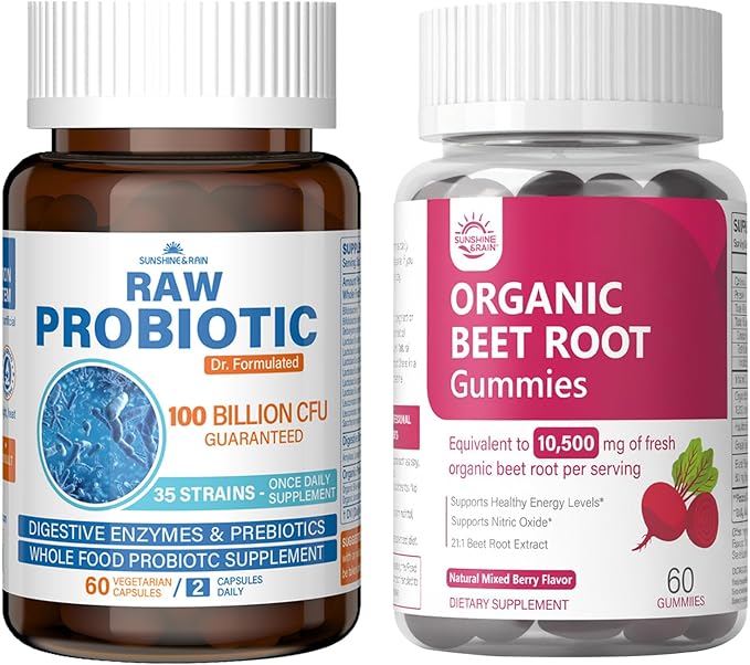 Raw Probiotics 100 Billion CFU + Organic Beet Root Nitric Oxide Gummies 10500mg | Digestive Circulation &amp Everyday Energy Support