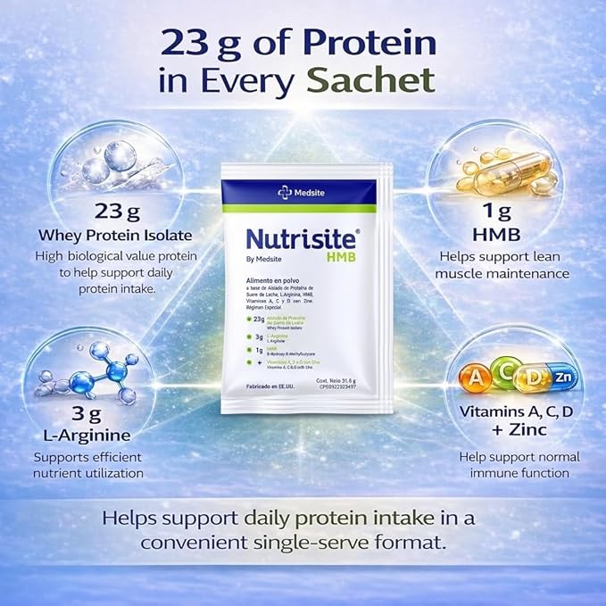 Nutrisite HMB Nutritional Protein Powder – 15 Sachets with Whey Isolate Amino Acids Vitamins A C D &amp Zinc for Immune and Muscle Support – Medical Nutrition Formula (1.11 Oz ea.)