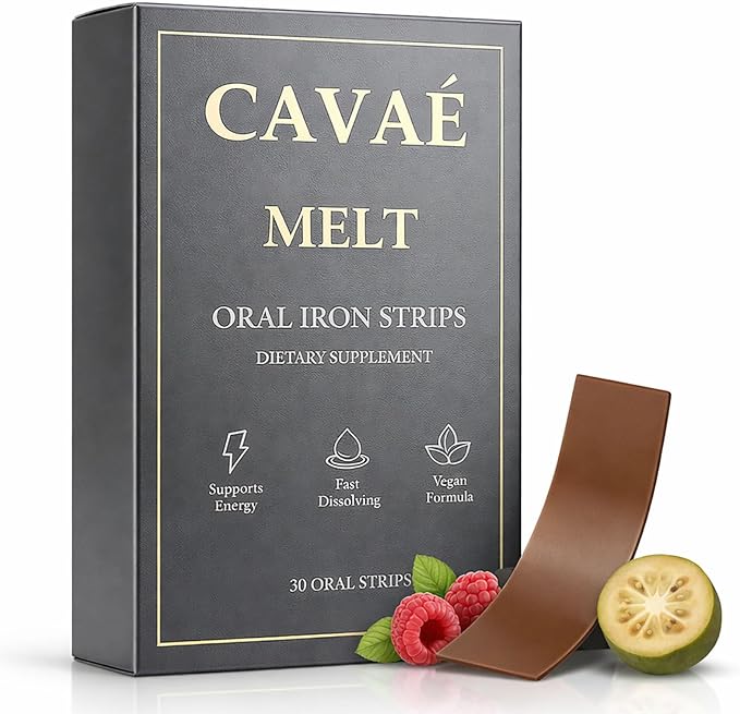 Cavae Melt Oral Iron Strips with Folate Ferrovia Iron Supplement for Women19mg Elemental Iron Per StripGentle &amp Fast-Dissolving Film for Energy - No Water NeededRaspberry Flavor30 Servings (1