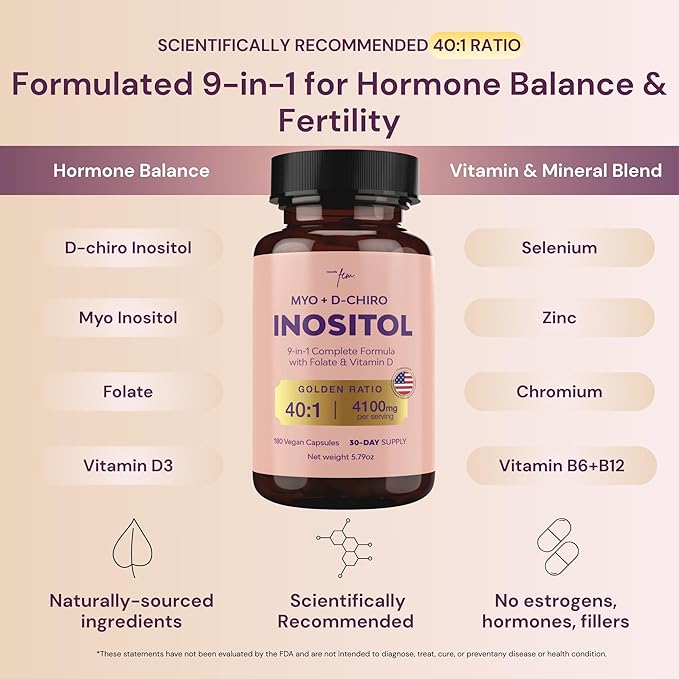 QSTA Myo-Inositol &amp D-Chiro Inositol Supplement for Women 4100mg (40:1 Ratio) – 9-in-1 Hormonal &amp Metabolic Support with Folate Vitamin B6 B12 D3 Zinc &amp Chromium