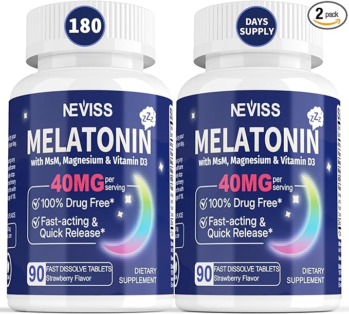 Melatonin 40 mg for Adults - Fast Dissolve &amp Chewable Sublingual Sleep Supplement - Extra Strength Melatonin with Vitamin D3 &amp MSM Selenium for Health Rest Cycle Deep Zzzs Sugar-Free 180 S