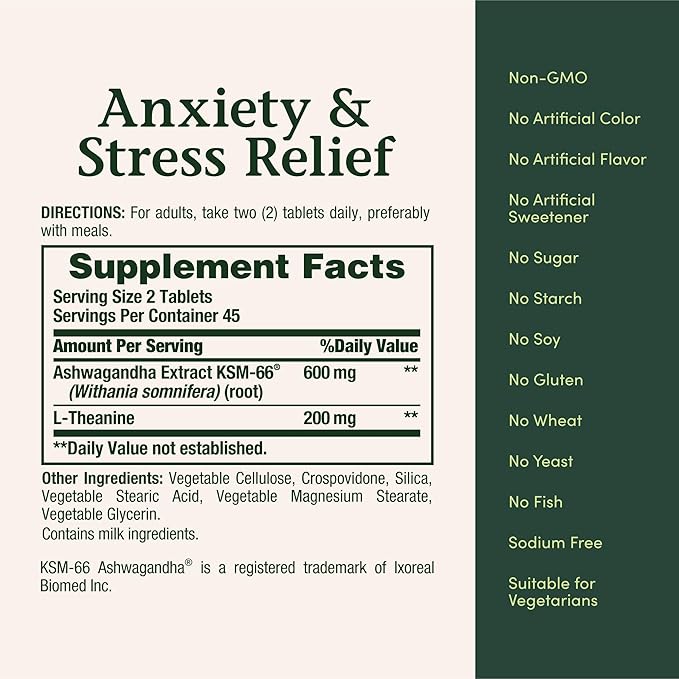 Nature's Bounty Stress Relief Ashwagandha KSM-66 Supports Occasional Stress Relief Dietary Supplement 2 Tablets per Day Vegetarian Tablets Gluten Free 90 Ct