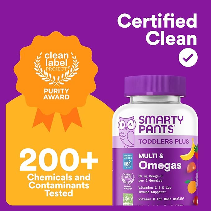 SmartyPants Toddler Multivitamin Gummies Omega 3 (DHA/EPA) Vitamins D3 C Vitamin B12 B6 A K &amp Zinc Biotin Gluten Free Three Fruit Flavors 120 Count (60 Day Supply)