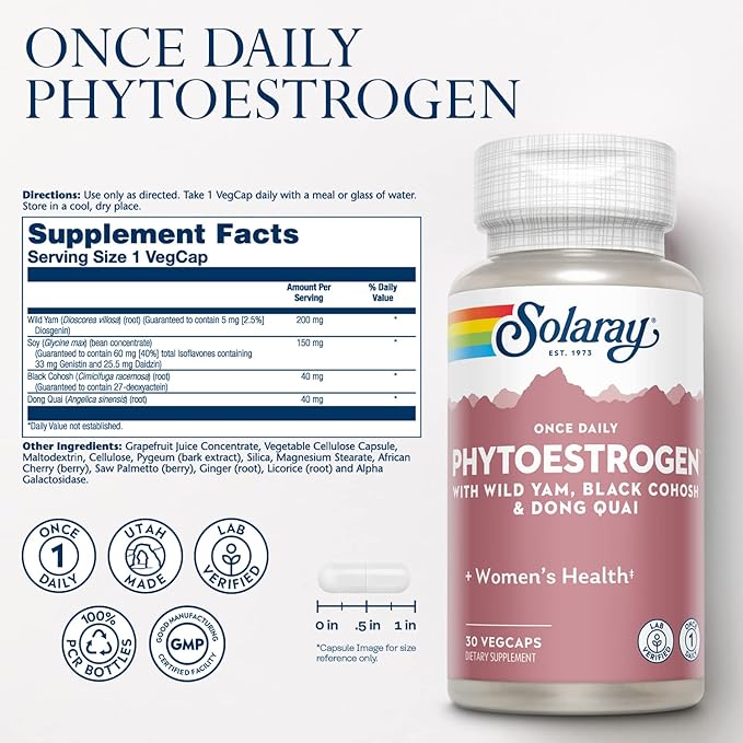 SOLARAY Once Daily Phytoestrogen - Phyto Estrogen Supplement for Women with Black Cohosh Dong Quai Wild Yam Soy Isoflavones - Women's Health Support - 60-Day Guarantee 30 Servings 30 VegCaps