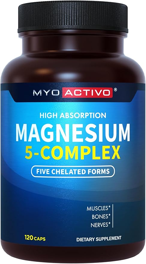 5-in-1 Magnesium Complex - High Absorption - Chelated Magnesium Glycinate Malate Citrate Taurate &amp Aspartate for Nerves Muscles Bones | 120 Capsules | Magnesium Supplement