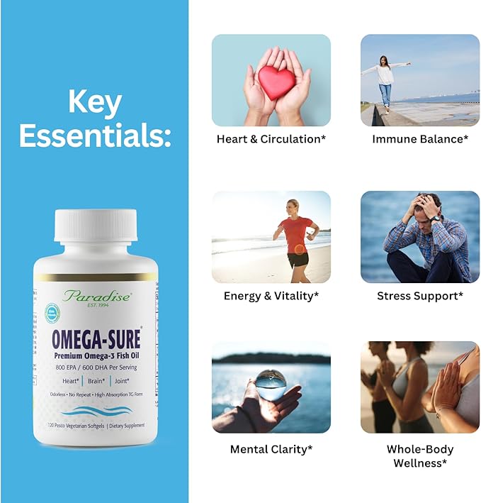 Paradise Herbs Omega-Sure Omega-3 Concentrate Premium Fish Oil DHA EPA Vegan Non GMO Gluten Free 120 Count Vegetarian Softgels