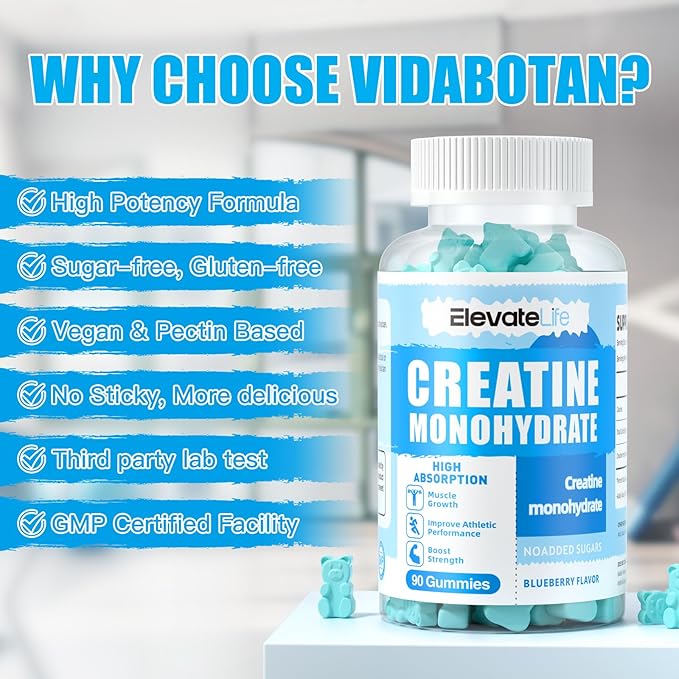 ElevateLife Creatine Monohydrate Gummies for Men &amp Women Chewables Creatine Monohydrate for Muscle Strength Muscle Builder Energy Boost Pre-Workout Supplement(90 Count)-Blueberry