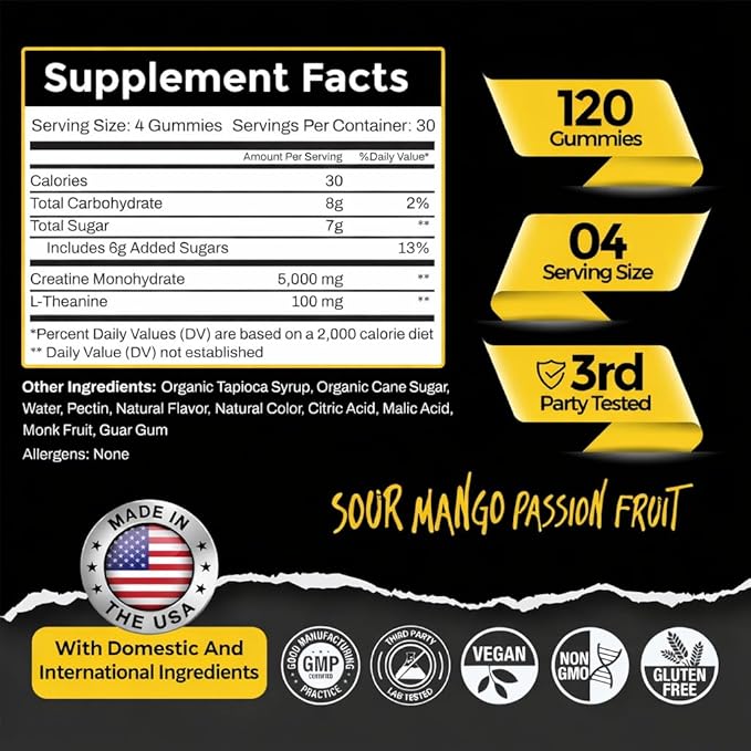 Creatine Monohydrate Gummies for Men and Women 5g Creatine + L-Theanine for Muscle Growth Strength Focus &amp Energy Vegan Non GMO Gluten Free (120 Count 30 Servings)