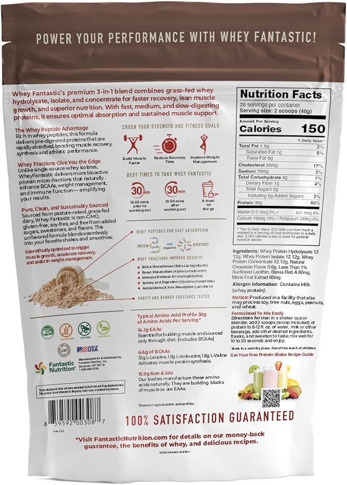 Chocolate -3-in-1 Grass Fed Whey Protein Powder - Unique Blend of Hydrolysate Isolate &amp Concentrate Provides 30g of Protein &amp 6.6g BCAAs per Serving - 2.2lb-28 Servings