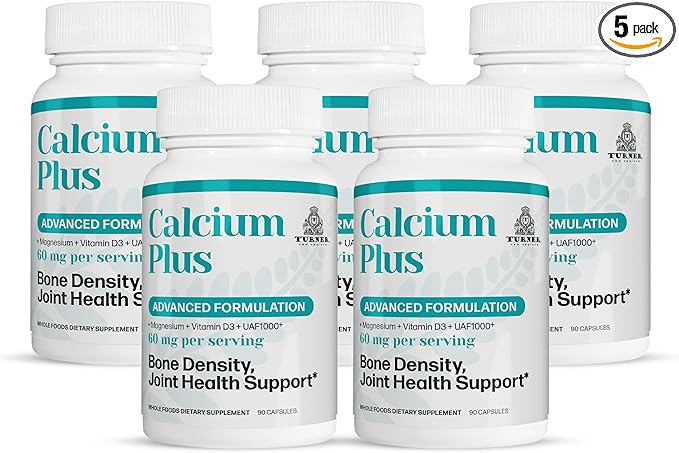 TURNER Calcium Plus All-Natural Marine Calcium Supplement with UAF1000+ Super Antioxidant Magnesium + Vitamins K2 &amp D3 Supports Bone Density &amp Joint Health 5 Bottles 450 caps 5 Month Su