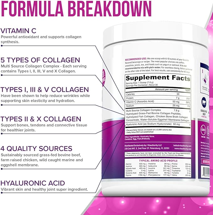 Multi Collagen Peptides Powder for Women - Hydrolyzed Unflavored Collagen Powder for Women with Types I II III V &amp X plus Vitamin C &amp Hyaluronic Acid for Beautiful Hair Skin and Nails - 30 Ser