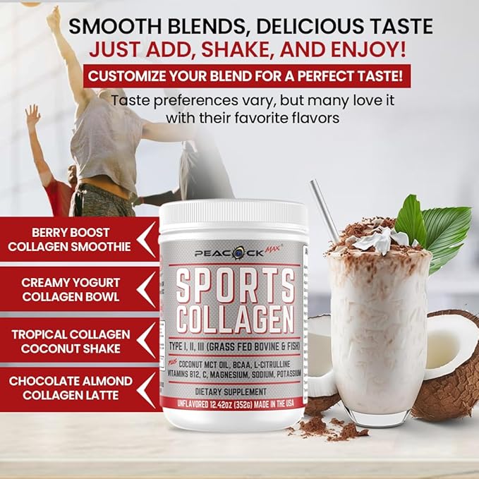 Sports Collagen Powder 12.42 oz Pack of 2 - Grass Fed Bovine &amp Wild Fish Hydrolyzed Type I II III Multi Collagen Peptides Unflavored Protein Powder with BCAA Magnesium &amp Electrolytes