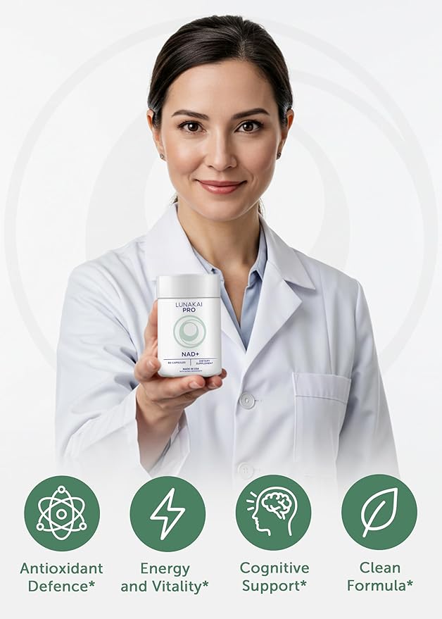 Lunakai PRO USA Made Dual-Pathway NAD+ Formula with NR &amp Resveratrol – Natural NAD Supplement for Women &amp Men – Healthy Aging &amp Cellular Health Support 60ct