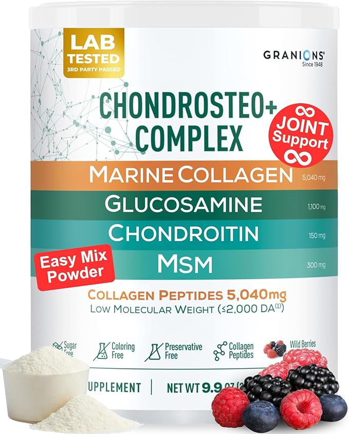 Granions Glucosamine Chondroitin MSM Powder 1550mg – Joint Supplements for Men and Women - Chondrosteo Hydrolyzed Marine Collagen Peptides Essential Vitamins Glucosamine Complex – Wild Berry 9.9oz