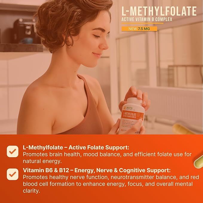 INVITA L-Methylfolate 7.5mg + Active Vitamin B Complex – 60 Capsules - 5-MTHF Supplement with Vitamin B6 &amp B12 Methylcobalamin for Mood Energy and Heart – Non-GMO Gluten Free 2-Month Supply